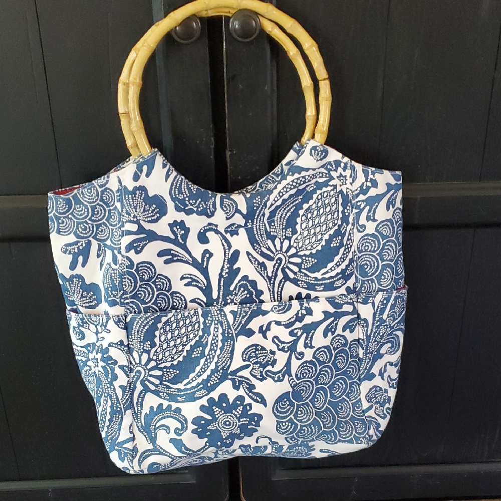 Blue and White Patterned Tote Bag with Bamboo Handles